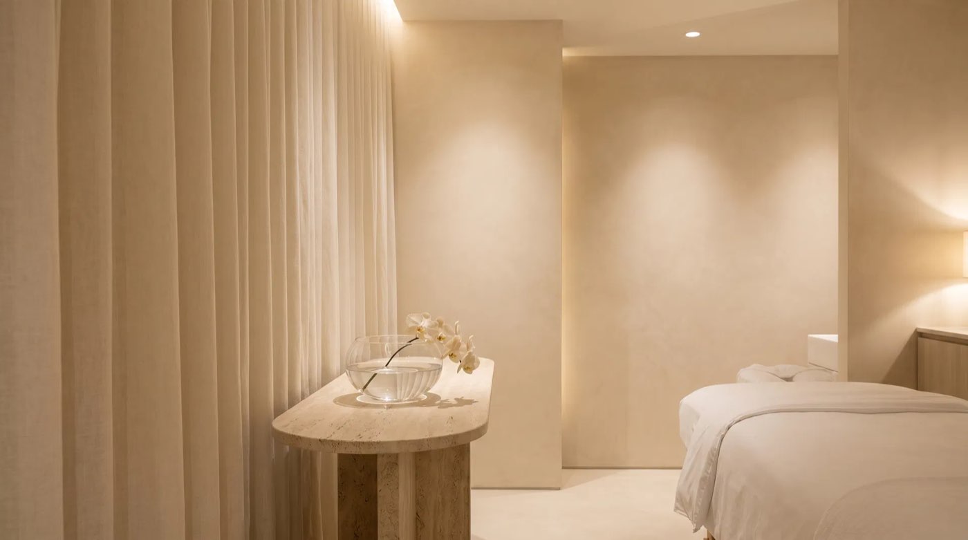 A treatment suite at Happy Bubbles Skin — plaster walls, linen curtains, an orchid on a travertine table