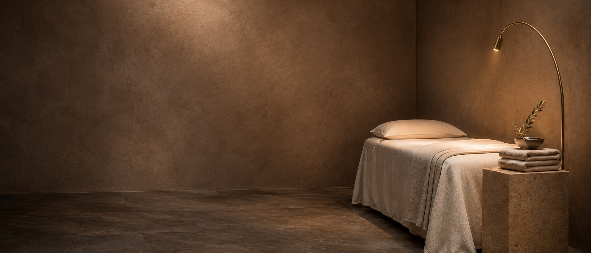 A quiet treatment suite: a linen-draped bed, a brass arc lamp, folded towels on travertine
